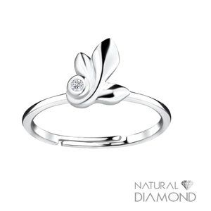 Sterling Silver Leaf Adjustable Ring With Natural Diamond